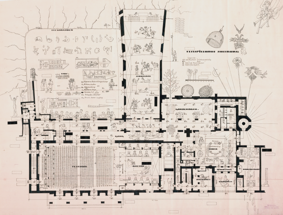 Lionel Favre, Kunst im Haus (Vorlage/Originalplan: Grundriss des Festspielhauses und der Felsenreitschule, 1933), Tusche auf Papier, Foto: Salzburg Museum, Ankauf bei Galerie Mario Mauroner, Salzburg, http://www.lionelfavre.ch/